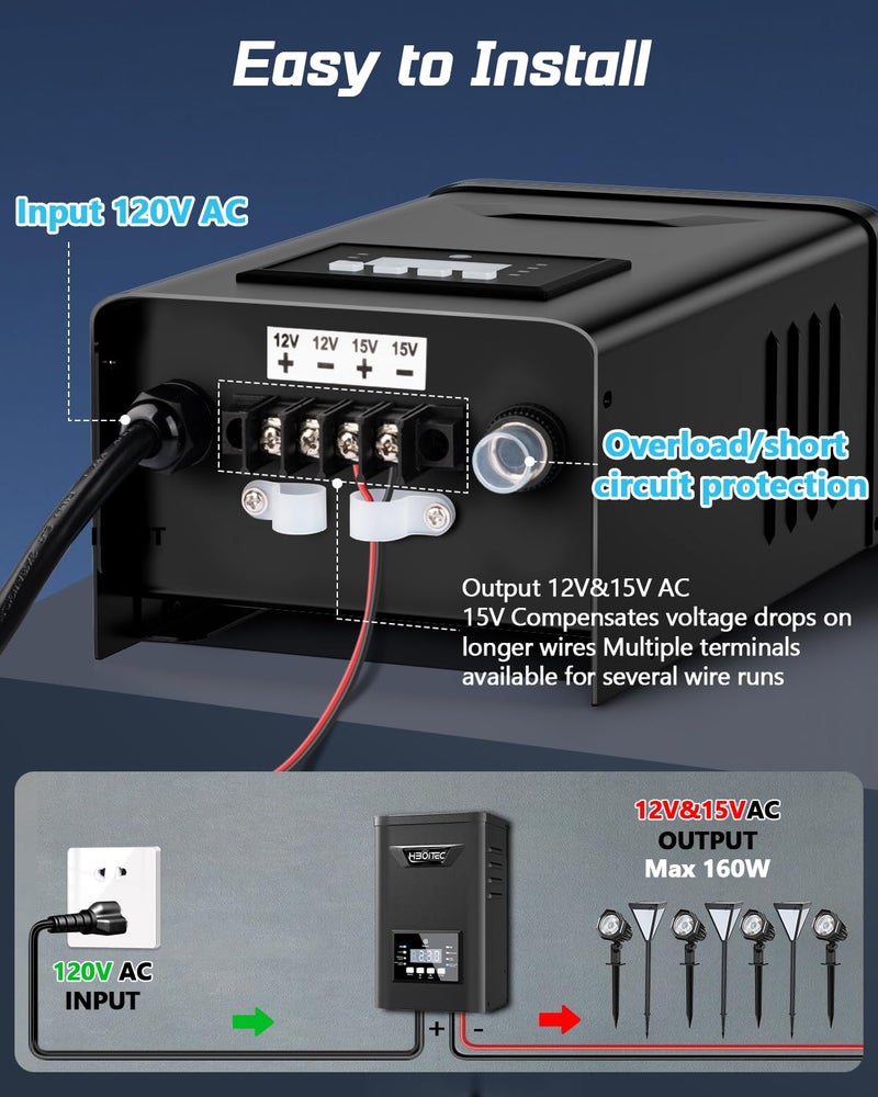 HIBOITEC 200W Low Voltage Landscape Transformer, Outdoor Lighting Transformer with Photocell Sensor and Timer, 120V AC to 12V/15V AC Waterproof Transformers for Landscape Lighting Path Lights - Image 2